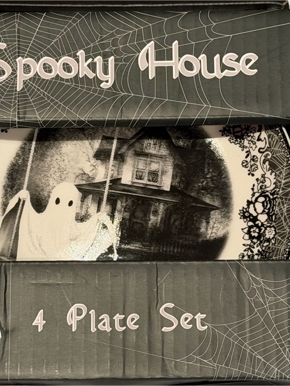 4-Piece Spooky House 8” Halloween Plate Set - Gray tones